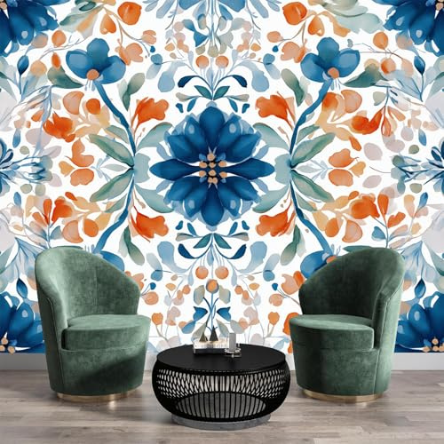 Carta da parati fotografica Motivi Di Piastrelle Fiori Ad Acquerello 150 x 105cm Seta Murale Decorazione Soggiorno Camera De Letto Sala Ufficio Poster Design Carta per pareti Blu Arancione