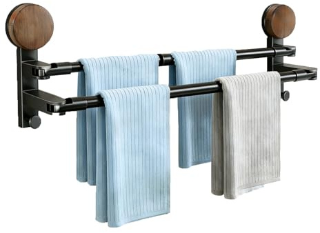 Porte-serviettes double extensible à ventouse sans perçage avec 2 crochets à serviettes, porte-serviettes pour invités - Sans collage - Pour salle de bain, cuisine - En acier inoxydable (30-57 cm)