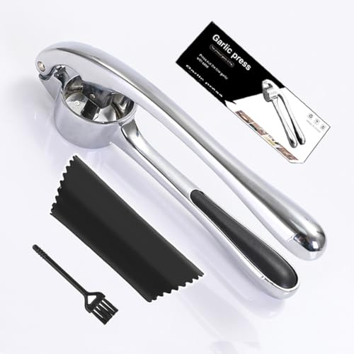 YUYOND Premium Garlic Press And Peel Set,Heavy Duty Garlic Crusher,Rust Proof Garlic Mincer Tool,Easy to Squeeze And Clean, Ergonomic Handle Includes Silicone Garlic Peeler And Brush (Sivler)