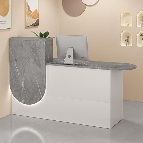STARHMLUX Empfangstheke mit Abschließbare Schubladen, Rezeptionstheken mit LED und Schrankaufbewahrung, Kann Verwendet Werden als Empfangstresen, Kassentheke, Empfangstisch Gray + White 140cm