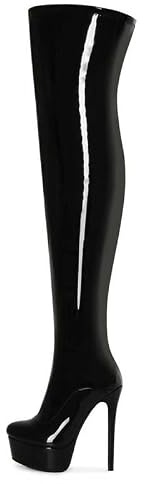Veelau Meieer Stivali da donna con plateau in pelle laccata, sopra il ginocchio, con chiusura lampo, Nero , 45 EU