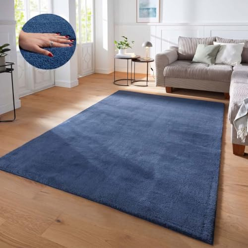 Taracarpet Supersoft kurzflor Teppich Fiona Wohnzimmer Schlafzimmer Kinderzimmer Flur Läufer waschbar rutschfest Uni New Blau 060x120 cm