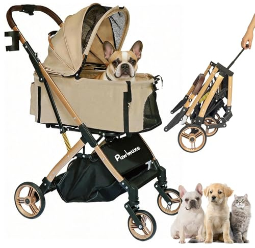 PawLuxe Dog Stroller, 4 in 1 Detachable Carrier & Car Seat, All-Terrain Wheels with Shock Absorption, Dog/Cat Strollers for Small/Medium Pets Up to 44 lbs, Lightweight Portable Foldable,Khaki