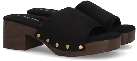 shoes&blues.es Sandalia Tipo Zueco de Mujer con Tacon Ancho. Suela Comoda y Ligera Estilo Madera. Pala Ancha Estampado Liso, Decorado con Tachuelas. Ideal Primavera Verano.