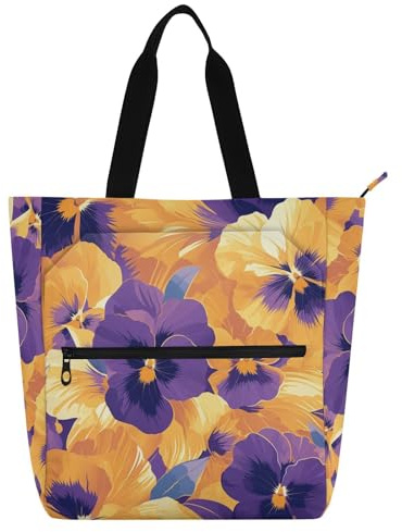 SyXIOP Bolsa de libros para niños, estudiantes y adultos, diseño abstracto de pensamientos naranja y morado, flores 600D Oxford, bolsa de comestibles reutilizable con bolsillos con cremallera para la