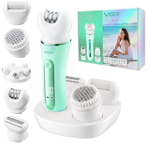 VGR 751 Epilateur Electrique Femme Sans Fil 5 En 1 Avec Étanche IPX6, Vert | Rasoir Electrique Femme Avec Brosse Nettoyante Visage, Éliminateur De Callosités Et Tête De Massage, Epilateur Avec Écran LED