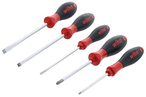 Wiha 30277 SoftFinish Screwdriver Set, 5 Piece, Slotted & Phillips, Cushion Grip Handles, Chrome Finish