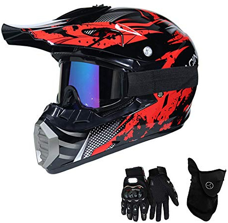 VOMI Motorcykelhjälm motocrosshjälm barn röd svart full face MTB crosshjälm med handskar mask glasögon, motorcykel Enduro hjälm mountainbike cykel MX downhill Sports (XL)