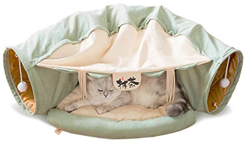 ROSE CREATE Katzenspielzeug, zusammenklappbar, mit Tunnelbett, gemütlicher Höhle, rund, kuschelig, für Kaninchen, Kätzchen und Hunde, Grün