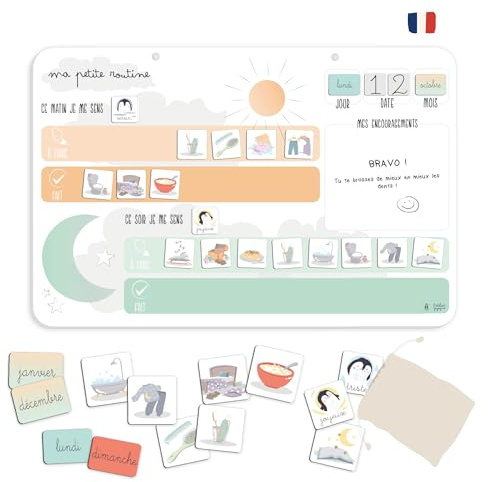 L’Atelier Gigogne – Tableau de Routine Enfant Montessori 3-8 Ans – Plateau Magnétique + 57 Magnets – Routine Matin & Soir – Autonomie, Émotions, Repères du Temps – Fabriqué en France