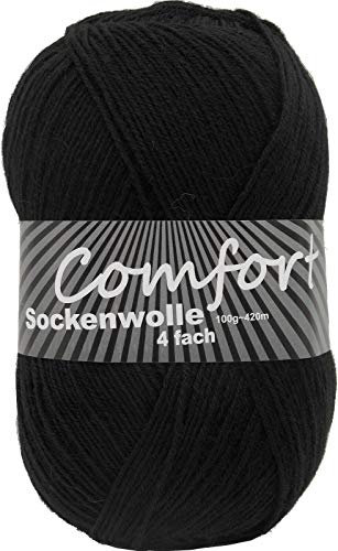 100gr Comfort Sockenwolle Strumpfwolle uni - 4-fädig - 100gr Knäul - 420m Lauflänge - Nadelstärke 2,5-3,0mm-klassiche traditionelle zeitlose Farben (schwarz)