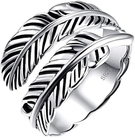 BONLAVIE 925 Silber Feder Ring, Vintage Verstellbarer Offen Silberringe Statement Ringe Schmuck Geschenke für Frauen Männer