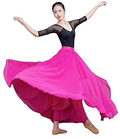 Große Schaukel Damen Maxirock Tanzrock Chiffon Tanzkleider Ballsaal Tanzen Lange Rock Flamenco Kleid Walzer Tango Latein Kostüm Bauchtanz Öffnungs Swing Tanzen Röcke,Rose,L