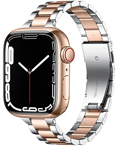 Wepro Straps Compatible with Apple Watch Strap 44mm 42mm 45mm 46mm 49mm, Stainless Steel Slim Replacement Metal Apple Watch Series 11 10 9 8 7 6 5 4 3 2 1/SE 3 Strap/SE2/SE/Ultra, Silver/Rosegold