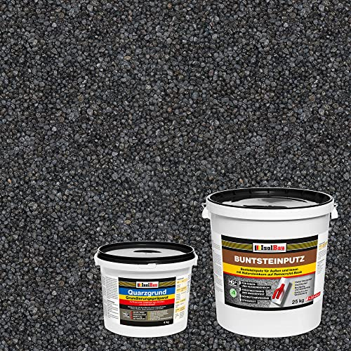Isolbau - Buntsteinputz für Außen und Innen (Graphit, Anthrazit) 25 kg - BP90 Mosaikputz Dekorationsputz Frostsicher, Wasserfest, Stoßfest - mit Quarzgrund 4 kg