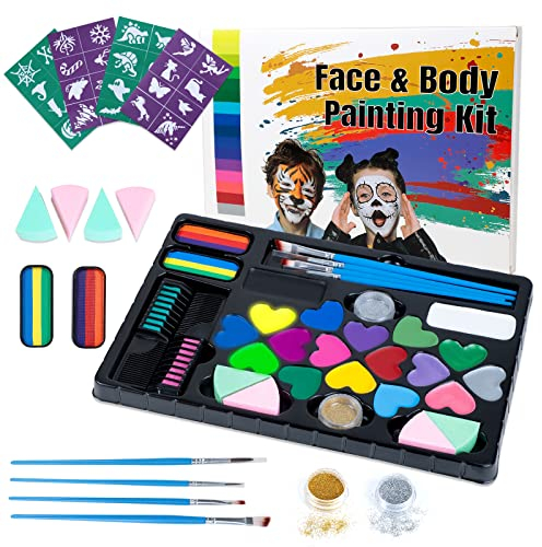 Kinderschminke Set, 20 Farben Gesichts- und Körperfarben auf Wasserbasis, Halloween 32 Schablonen 2 Haarkreiden 2 Glitzer 4 Schwämme und 4 Pinsel Bodypainting Mädchen Face Paint