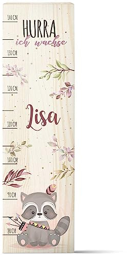 GRAVURZEILE Messlatte für Kinder aus Holz - Waschbär Design - mit Namen für Kinderzimmer - Skala misst 80-140 cm - Größe 20 x 70 x 2 cm - Geschenk zur Geburt für Mädchen & Jungen
