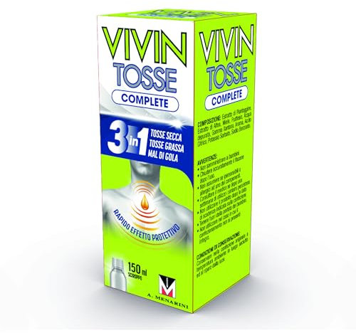 Vivin Tosse Complete - 150 ml. Sciroppo per mal di gola, tosse secca e tosse grassa a base di estratti vegetali. Protegge e promuove l'idratazione della mucosa faringea. Senza Glutine.