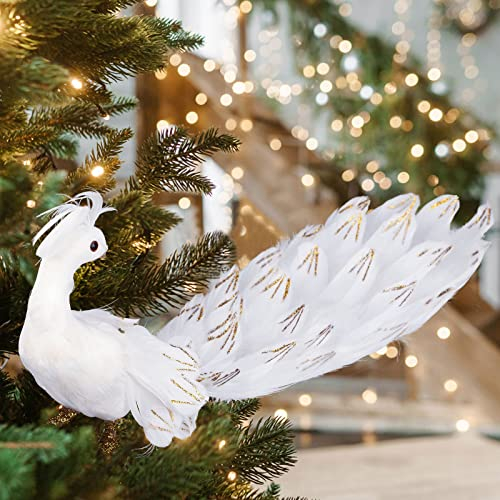Teahutty 2 Stück Pfauen-Weihnachtsschmuck, 60 cm, glitzernder Vogel, zum Anklippen, künstlicher natürlicher Pfau, Weihnachtsdekoration, weiße 3D-Pfauen-Dekoration