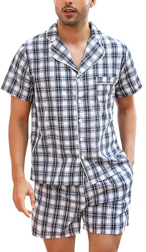 Irdcomps Pyjamasset för män kortärmade rutiga myskläder bomull rutig topp och underdel 2 delar nattkläder klassiskt pyjamasset, A* Blå, L