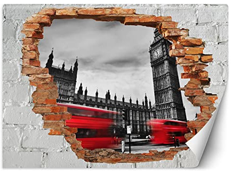 Feeby Papel Pintado 3D Ciudad Agujero en la pared Abstracto 250x175 cm Rojo Fotomurales Tejido No Tejido Decoración De Pared Moderna Decorativos Para Dormitorio Autobús Londres Big Ben