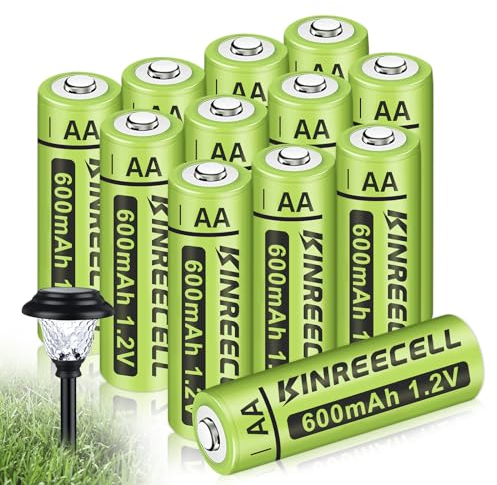 KINREECELL Batterie AA ricaricabili, batterie solari Ni-MH doppie A capacità reale 1,2V pre-caricate per luci solari, luci a stringa, luci per vialetti solari (confezione da 12 AA-600mAh)