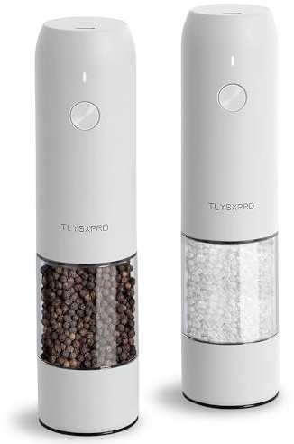 TLYSXPRO Juego de Molinillo Pimienta Eléctrico y Salero, Recargable por USB, Molinillo de Salero y Pimentero con Granulometría Ajustable, Salero y Pimentero Eléctrico, Luz LED (2 Piezas, Blanco)