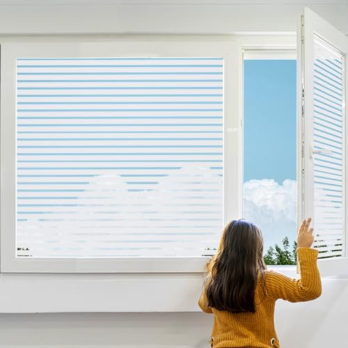 Linarun Window Film Privacy Film for Glass Windows Stripe Pattern Frosted Window Film No Glue Static Cling Privacy Film for Office Home Kitchens,30x200 cm