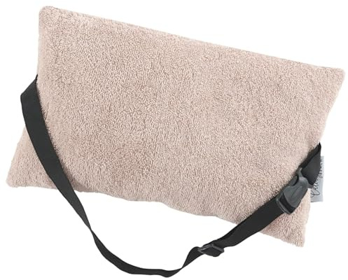 CalmyBEACH Strandkissen gefüllt mit Befestigungsgurt, Beige, 32x20cm | verstellbares Reisekissen, Nackenkissen, Kopfkissen Sonnenliege, Gartenstuhl, Camping Kissen, Frottee Bezug 100% Baumwolle