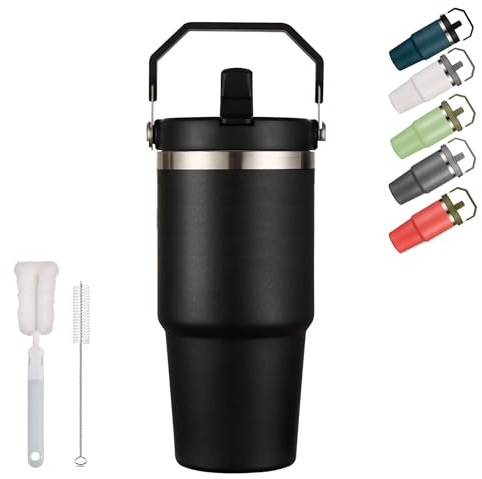XIXIAMI Travel Mug with Handle 600ml-20oz Insulated Tumbler with Straw & Lid Leakproof Coffee Mug for Hot or Iced Drink |Stainless Steel Thermal Cup-Black