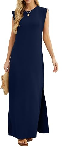 GRECERELLE Damen Sommer Maxikleid lässig Hemdkleider Elegante Stile ärmellos Maxikleider für Damen mit Schlitz und Taschen