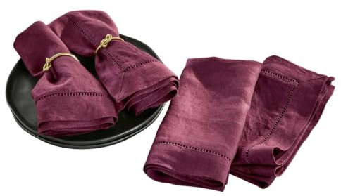 LOBERON Serviette 4er Set Covent Garden, bordeaux | Stilvolle Hohlsaumstickerei, Strapazierfähig & Langlebig, Wiederverwendbar, Tischwäsche, Küchentextilien, Leinen