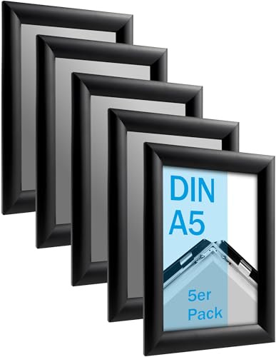 SPRINTIS Klapprahmen A5 aus Aluminium, Rahmen in schwarz, 5 Stück Plakatrahmen mit 2,5 cm Rahmenbreite, inkl. UV-Schutzfolie & Befestigungsmaterial