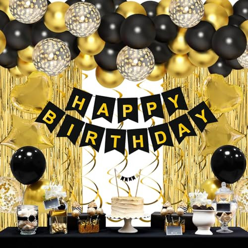 Set Decorazioni Compleanno Oro e Nero - 55pcs Palloncini con Striscione, Frangia Tenda, Appendere Vortici, Festoni per Addobbi