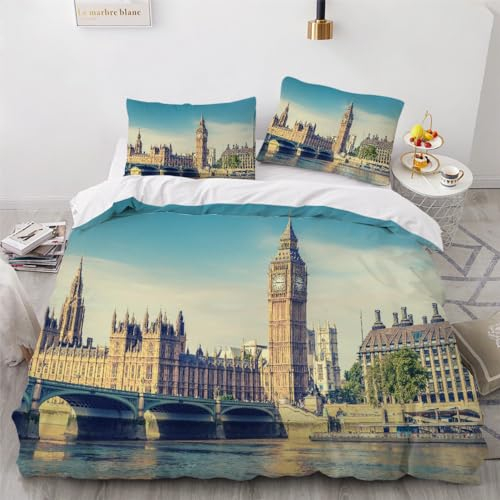 DILANI Bettwäsche 220x240 London Big Ben Bettwäsche-Set 3 Teilig 3D Druck Stadtansicht Bettbezug Weich Mikrofaser Bettbezüge mit Reißverschluss und Kissenbezug 80x80cm für Erwachsene Kinder
