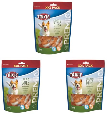 Trixie Premio Chicken Bites XXL Pack | 3er Pack | 3 x 300 g | Kausnack für Hunde | Hoher Fleisch- und Proteinanteil | Rinderhaut mit getrocknetem Hühnchenfleisch ummantelt