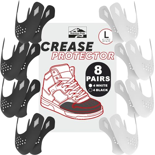 Keystone Peak KP 8 Pairs Shoe Crease Protectors – Fits Most Popular Sneakers – 4 White & 4 Black Pairs – Comfortable & Durable – For Sizes 6-12 – Large Size