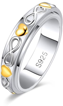 MYBELLNA Ring Damen 925 Sterling Silber, drehbarer Anti-Stress-Ring | Fidget Spinner Ring mit goldfarbenen Herzen und Unendlichkeitszeichen, Bicolor Design, Geschenk für Frauen