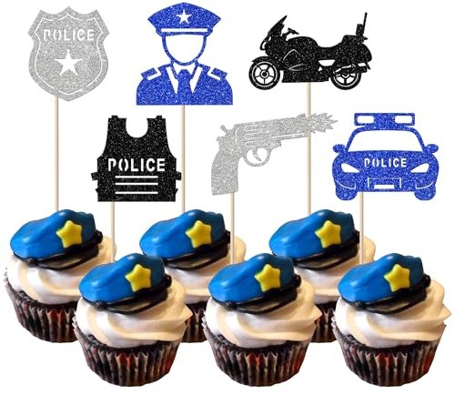 Cupcake-Topper mit Glitzer, Polizisten, Polizisten, Cupcake-Picks, Polizeiauto, Polizei-Emblem, Kuchendekorationen für Polizei-Thema, Kindergeburtstag, Partyzubehör, Schwarz, Silber, Blau, 24 Stück