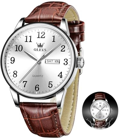 OLEVS Braun Herrenuhren Edelstahl Fall Eleagnt Quarz Herren Armbanduhr Wasserdicht Datum Analog Uhr Herren mit Lederarmband Arabische Ziffern Weiß Großes Zifferblatt Business Kleid Uhren
