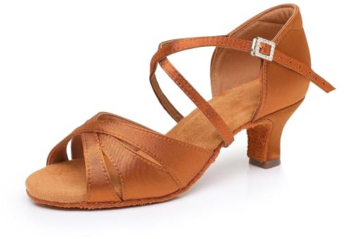Rosefinch Zapatos de Baile Latino para Mujeres Suela Blanda Hebilla de Diamantes de imitación Salsa Tango Bailes de salón Zapatos de Baile Profesional de práctica Tacón 5cm, Marrón 38EU