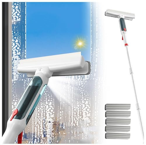RYJYQYX 4 in 1 Sprüh Fensterwischer Mit Teleskopstiel mit 41-190 cm 4-teiligem Verlängerungsstange, Abzieher Fenster mit Abwassersammler und 5 Pads Sprühwischer für hohe Innen/Außenfenster