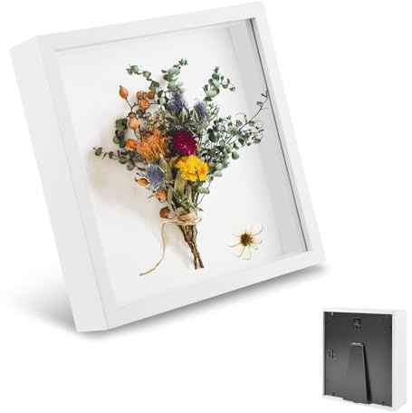 Bilderrahmen zum Befüllen, Objektrahmen Tiefer 3 cm, Tiefer Bilderrahmen zum Befüllen 20 x 20 cm, mit Transparente Acrylplatte, 3D Rahmen für Objekte, Blumen, Hochzeitsstrauß, Weiß