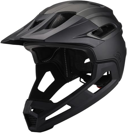BEAHING Adult Unisex Black Mountain Bike Helmet, Full Face, Breathable, Shock-Proof PC, Detachable Chin Holder & Visor, Adjustable