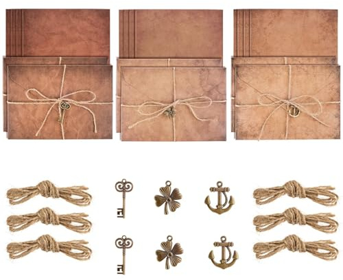Set di Cancelleria Vintage,12 PCS Carta da Lettere Vintage 6 Buste Antiche 6 Ciondoli in Metallo 6 Corde di Canapa Buste e Carta Stazionaria Vintages per Scrivere Invito Appunti Biglietti Augur