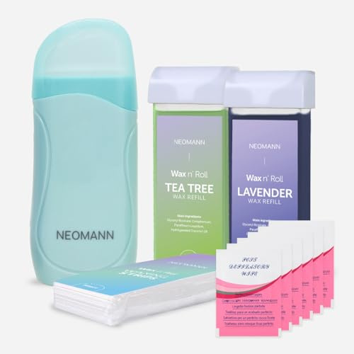 NEOMANN Kit di cera roll on per depilazione con 2 cartucce | 50 strisce di cera rullo per depilazione - rosa con 6 trattamenti post-cera (torchese, tea tree e lavanda)