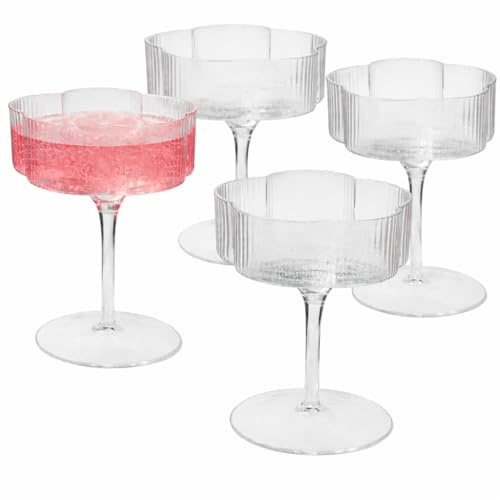 bar@drinkstuff Fairytale Flower Cocktail Glasses, 7oz (200ml) Vintage Coupe Glassware with Textured Floral Design – for Espresso Martini, Champagne & Cocktails (Pack of 4)