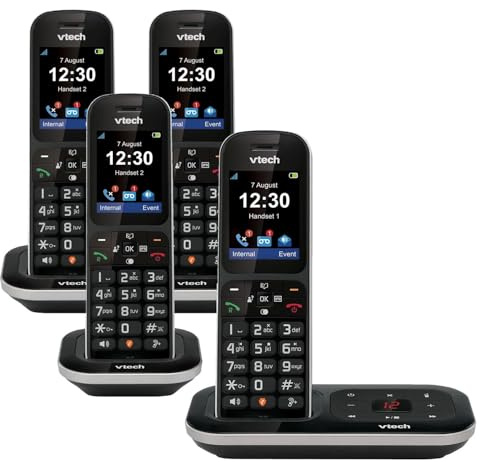 VTech PS1350 Quad DECT Cordless Landline Phone with Answer Machine, Call Blocker, 2.4 Colour Display, Caller ID, Handsfree Speakerphone, 60-Minute Digital Answering Machine, Black