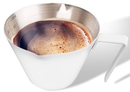 YARRAMATE Taza de acero inoxidable para café expreso, taza medidora de metal de doble boquilla con boca en forma de V, accesorios para espresso, 3.4 onzas/100 ml (blanco) | Agarre aislado con calor, apilable, precisión de doble escala, fácil de enjuagar, se adapta a cafetera espresso