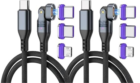 REFLEX POWER (2 Pack) 240W 1M 3-in-1 Magnetic USB-C Flat Nylon Braid Fast Charging/Data Transfer Cable with USB-C, IP & Micro USB, Compatible with iPhone, Smartphones, Laptops and Tablets